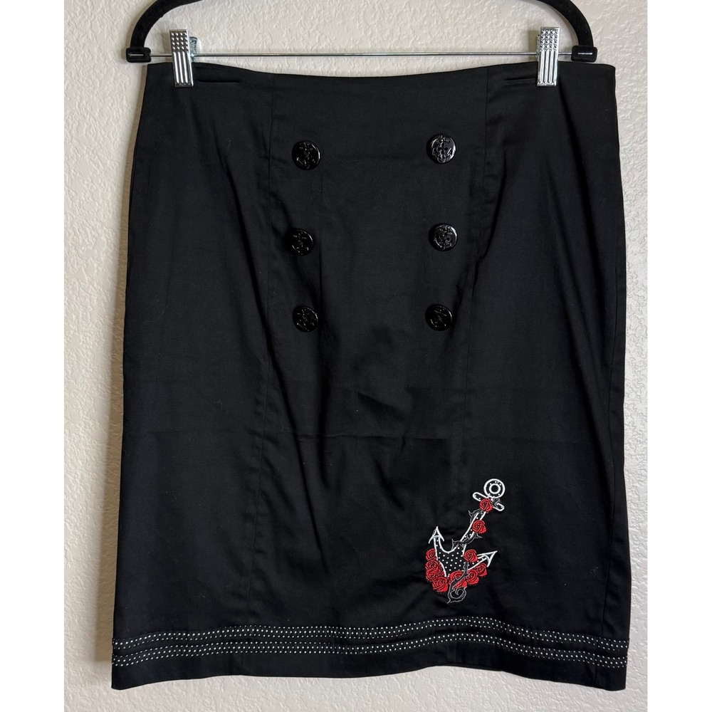 Living Dead Souls‎ Womens XL Black Pencil Skirt Nautical Anchor Rose Rockabilly